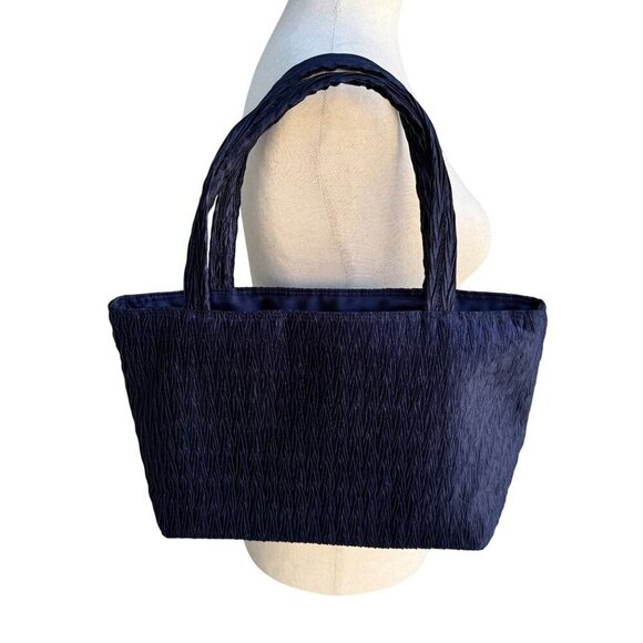 NaRaYa Navy Crinkle Textured Dual Handles & Zipper Closure Handbag Totebag - Picture 1 of 8